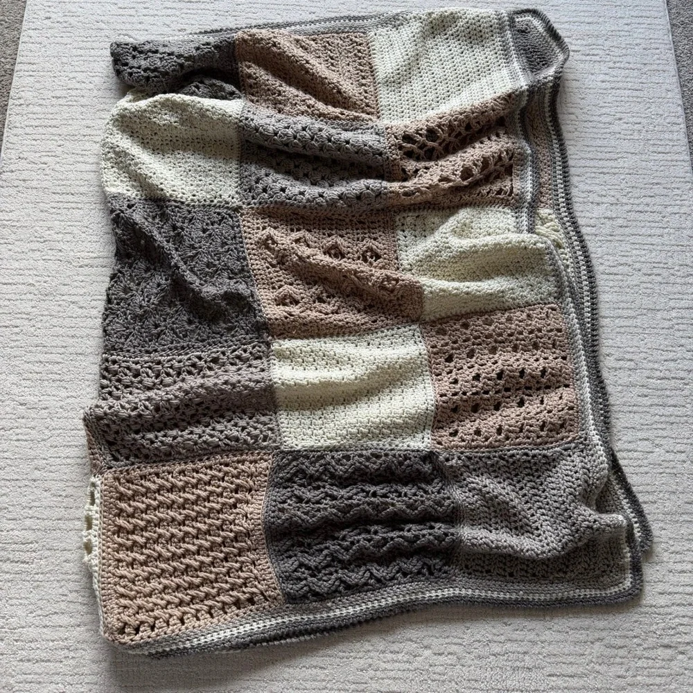 Handmade‎ Crochet Patchwork Blanket Neutral Taupe Grey Cream Throw 62x55 Soft